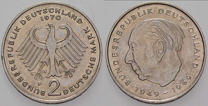 2 Deutsche Mark 1970 J. 407 sehr schön