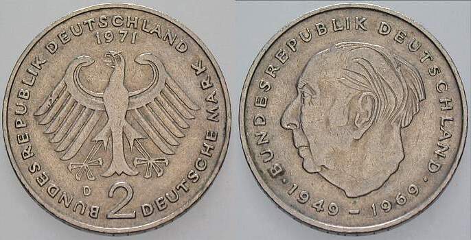 2 Deutsche Mark 1971 J. 407 sehr schön