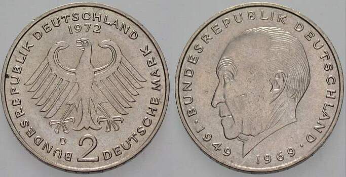 2 Deutsche Mark 1972 J. 406 sehr schön