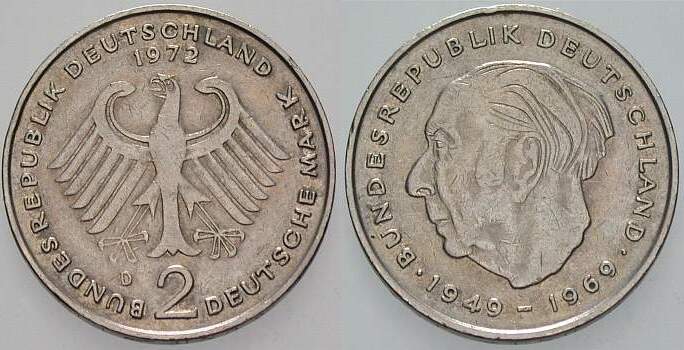 2 Deutsche Mark 1972 J. 407 sehr schön
