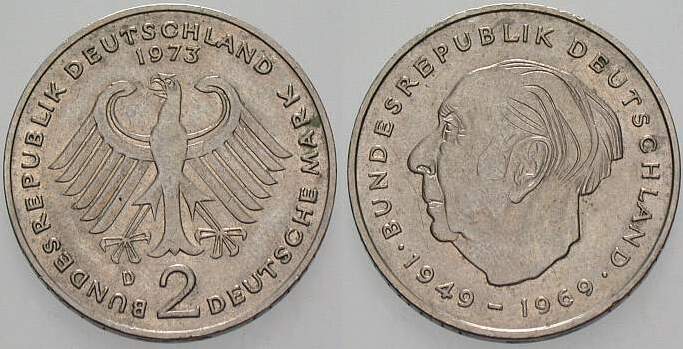 2 Deutsche Mark 1973 J. 407 sehr schön