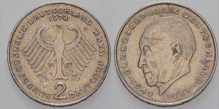 2 Deutsche Mark 1974 J. 406 sehr schön