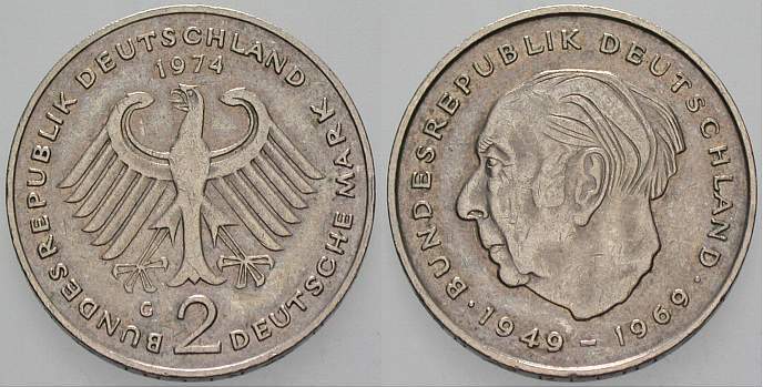 2 Deutsche Mark 1974 J. 407 sehr schön