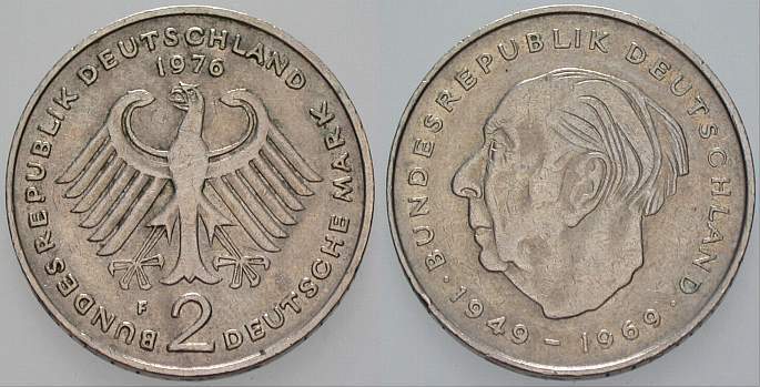 2 Deutsche Mark 1976 J. 407 sehr schön