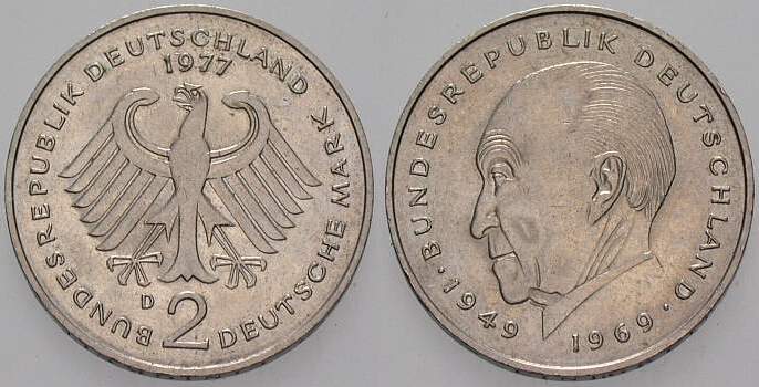 2 Deutsche Mark 1977 J. 406 sehr schön