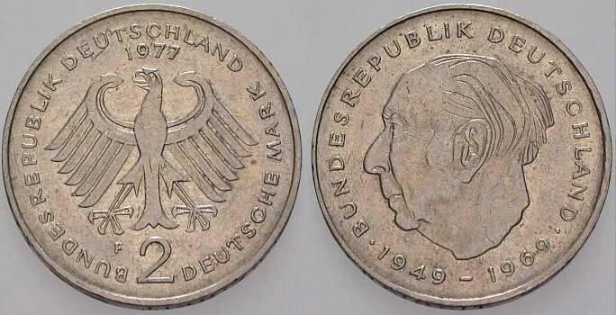 2 Deutsche Mark 1977 J. 407 sehr schön