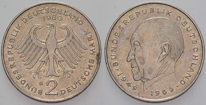 2 Deutsche Mark 1980 J. 406 Sehr schön