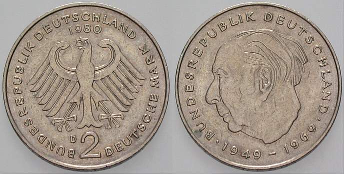 2 Deutsche Mark 1980 J. 407 sehr schön