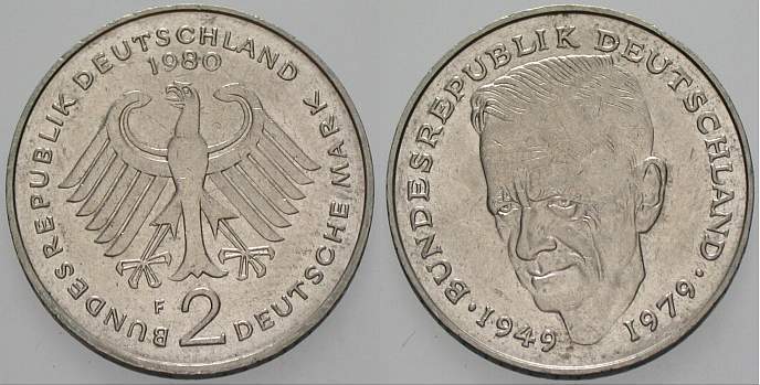 2 Deutsche Mark 1980 J. 424 sehr schön