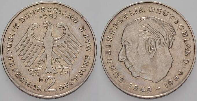 2 Deutsche Mark 1981 J. 407 sehr schön