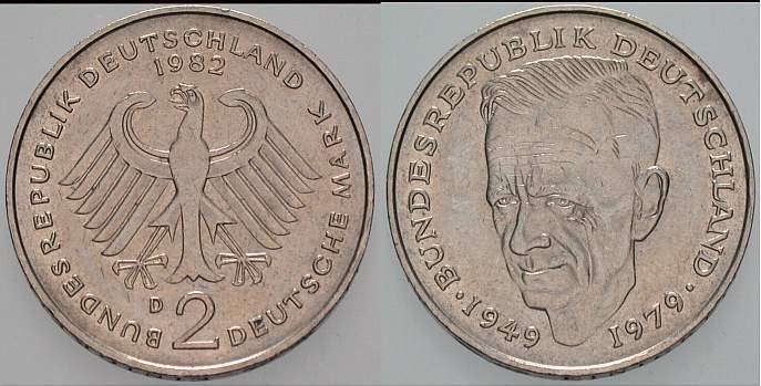 2 Deutsche Mark 1982 J. 424 sehr schön