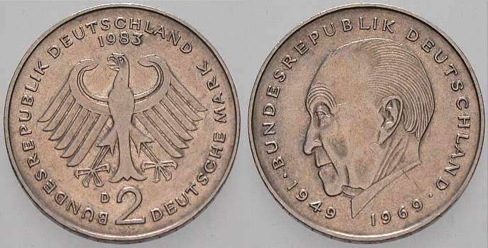 2 Deutsche Mark 1983 J. 406 Sehr schön