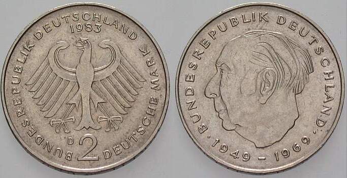 2 Deutsche Mark 1983 J. 407 Sehr schön
