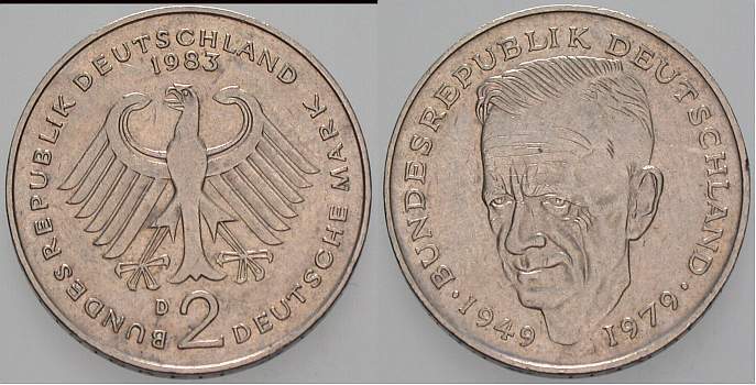 2 Deutsche Mark 1983 J. 424 Sehr schön