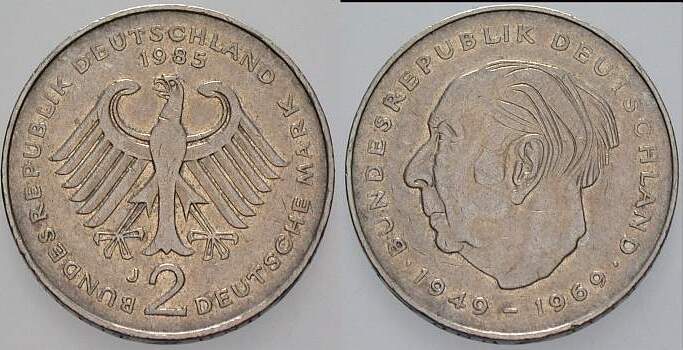 2 Deutsche Mark 1985 J. 407 sehr schön