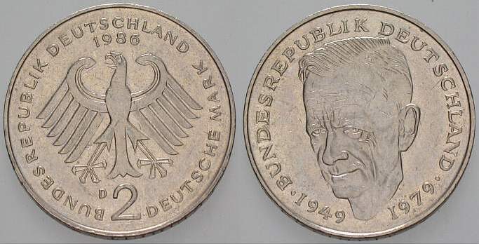 2 Deutsche Mark 1986 J. 424 Sehr schön