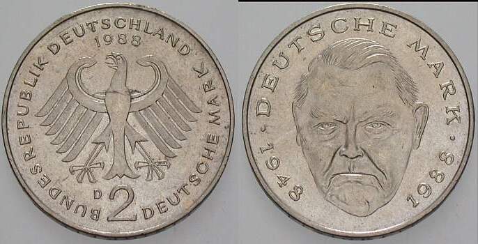 2 Deutsche Mark 1988 J. 445 sehr schön