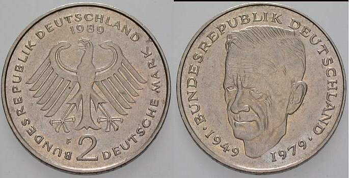 2 Deutsche Mark 1989 J. 424 sehr schön