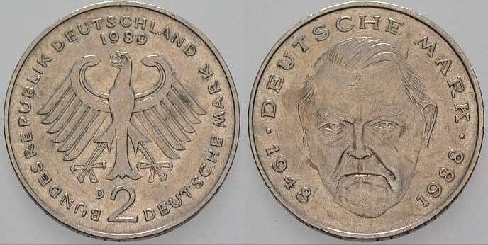 2 Deutsche Mark 1989 J. 445 sehr schön