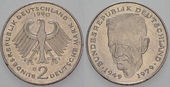 2 Deutsche Mark 1990 J. 424 sehr schön