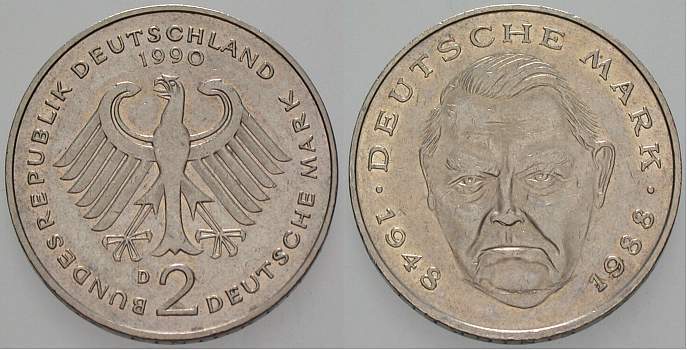 2 Deutsche Mark 1990 J. 445 sehr schön