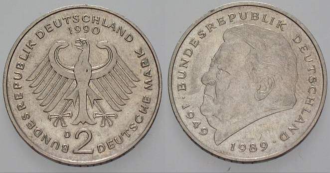 2 Deutsche Mark 1990 J. 450 sehr schön