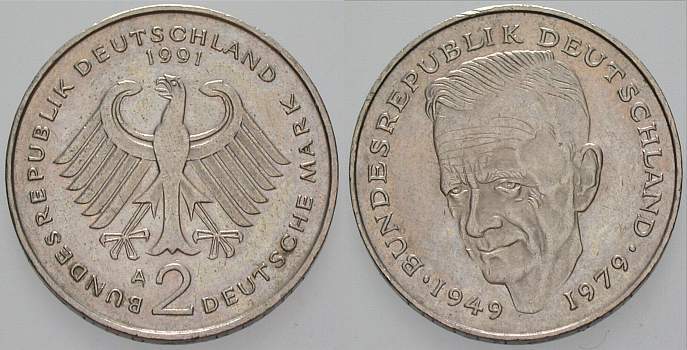 2 Deutsche Mark 1991 J. 424 Sehr schön