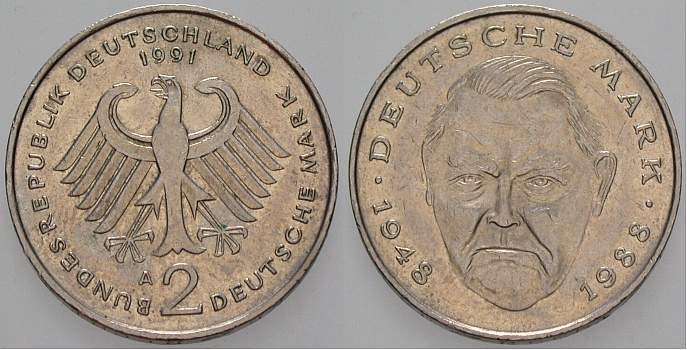 2 Deutsche Mark 1991 J. 445 sehr schön