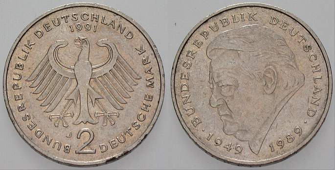 2 Deutsche Mark 1991 J. 450 Sehr schön