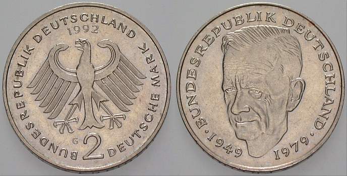 2 Deutsche Mark 1992 J. 424 Sehr schön