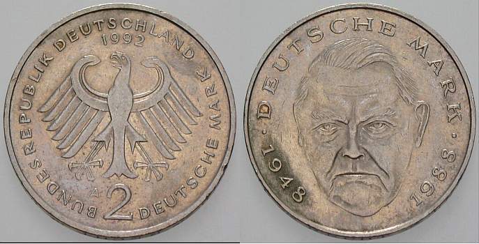 2 Deutsche Mark 1992 J. 445 sehr schön