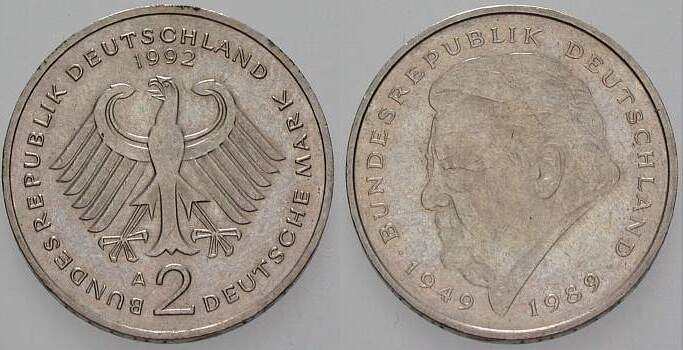 2 Deutsche Mark 1992 J. 450 sehr schön
