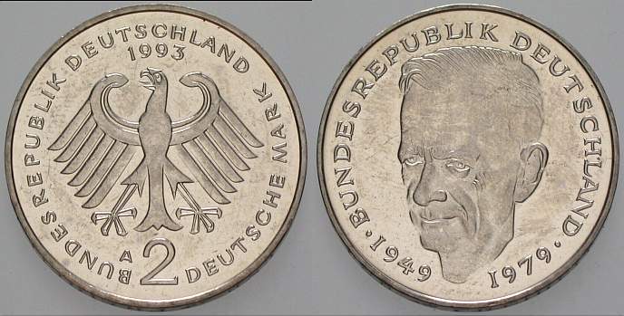 2 Deutsche Mark 1993 J. 424 Sehr schön