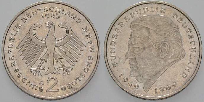 2 Deutsche Mark 1993 J. 450 Sehr schön