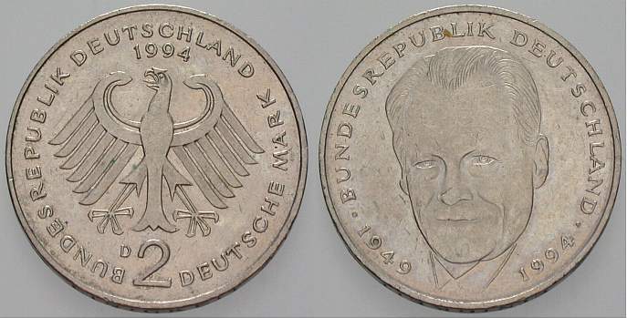 2 Deutsche Mark 1994 J. 459 Sehr schön