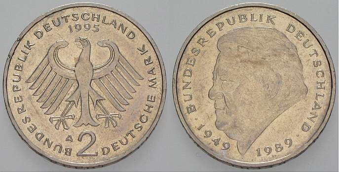 2 Deutsche Mark 1995 J. 450 sehr schön