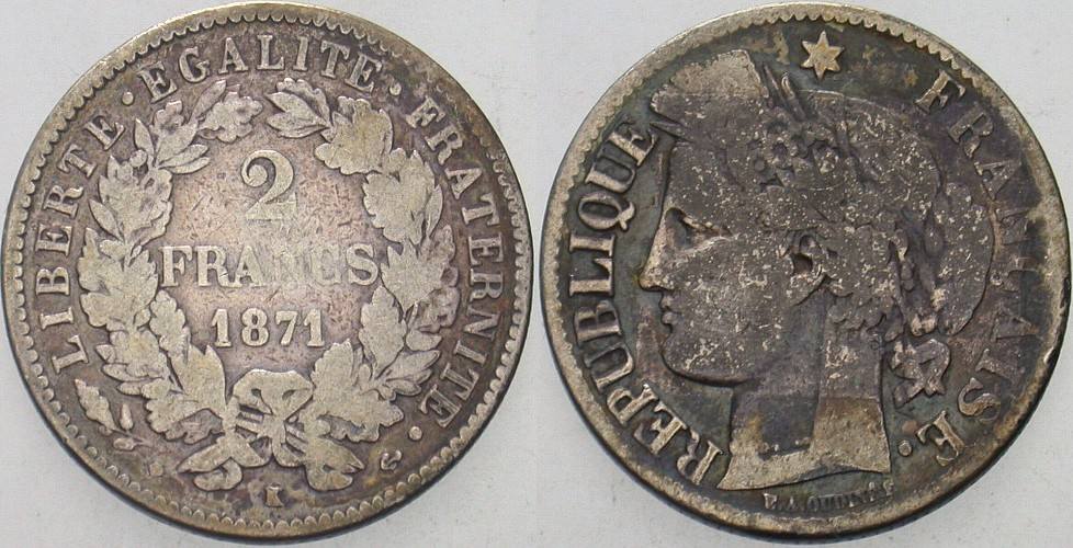 2 Francs 1871 Krause/Mishler 816.2 Patina, schön - sehr schön