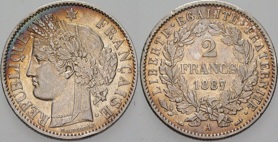 2 Francs 1887 Gadoury 530 a Patina, vorzüglich +