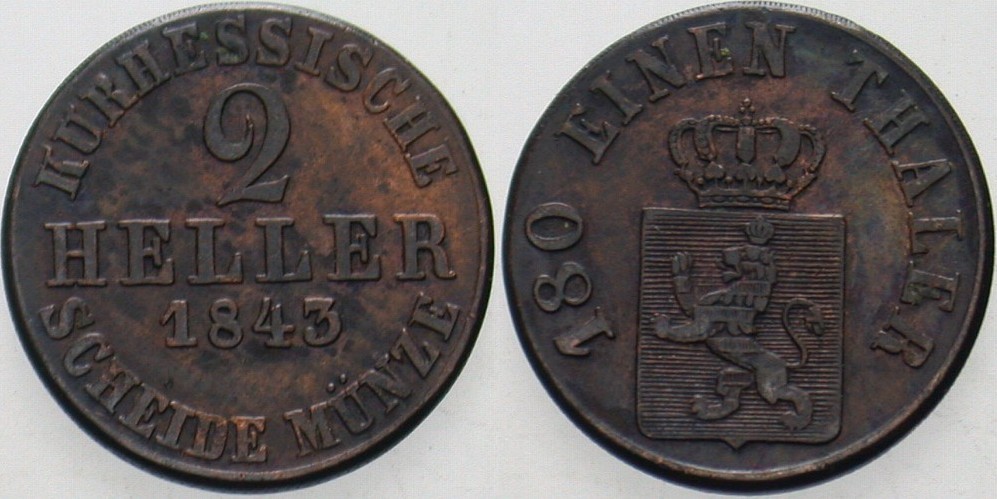 2 Heller 1843 Jaeger 40 AKS 53 Fleckige Patina, sehr schön