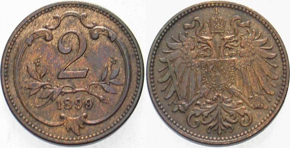 2 Heller 1899 Jl. 373 Patina, vorzüglich