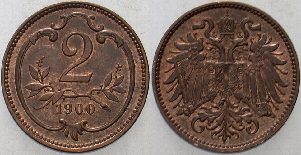 2 Heller 1900 Jl. 373 Patina, vorzüglich +