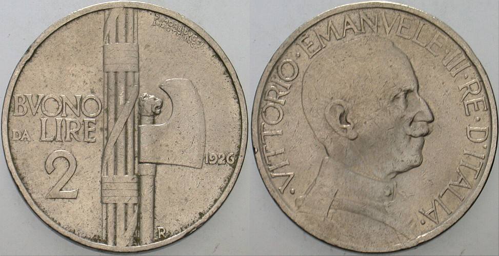 2 Lire 1926 K.M. 63 Winz. Randfehler, sehr schön