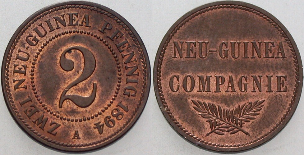 2 Neu-Guinea-Pfennig 1894 J.N. 702 Patina, vorzüglich - Stempelglanz