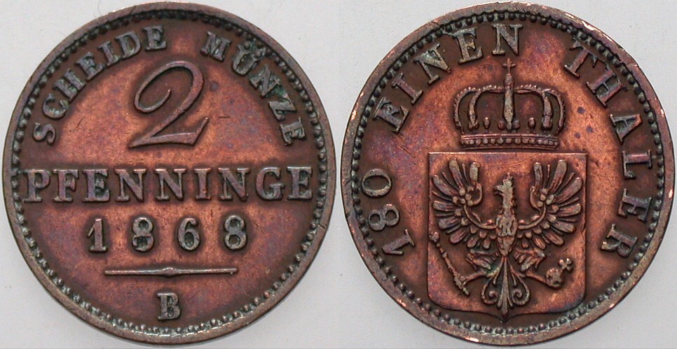 2 Pfennig 1868 AKS 107 Sehr schön