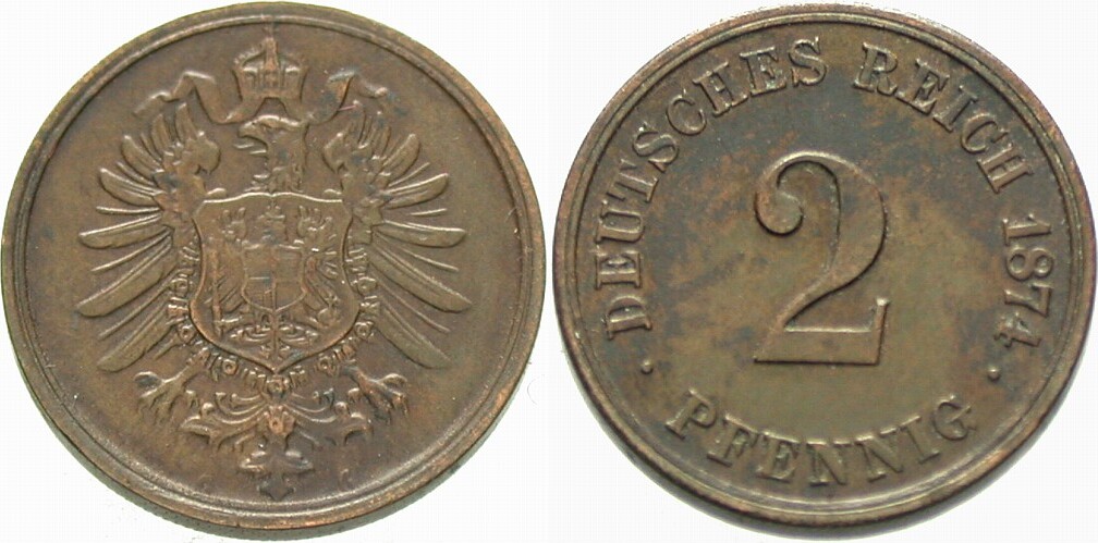 2 Pfennig 1874 J. 2 Fleckiger Belag, fast vorzüglich