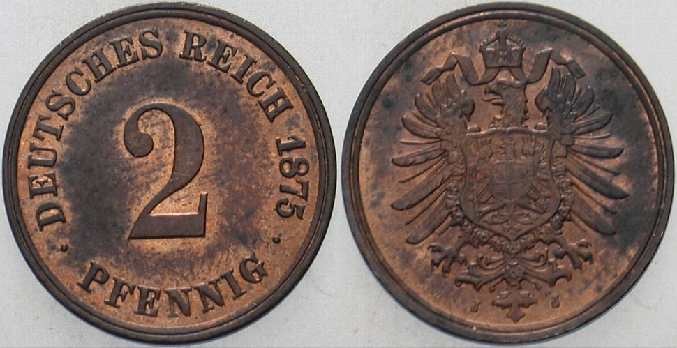 2 Pfennig 1875 J. 2 Patina, vorzüglich - Stempelglanz