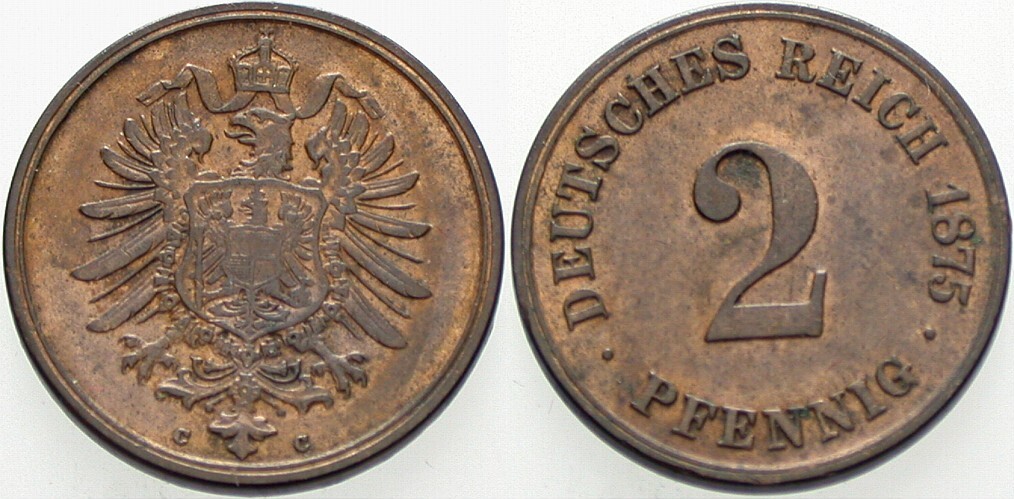 2 Pfennig 1875 J. 2 Patina, vorzüglich
