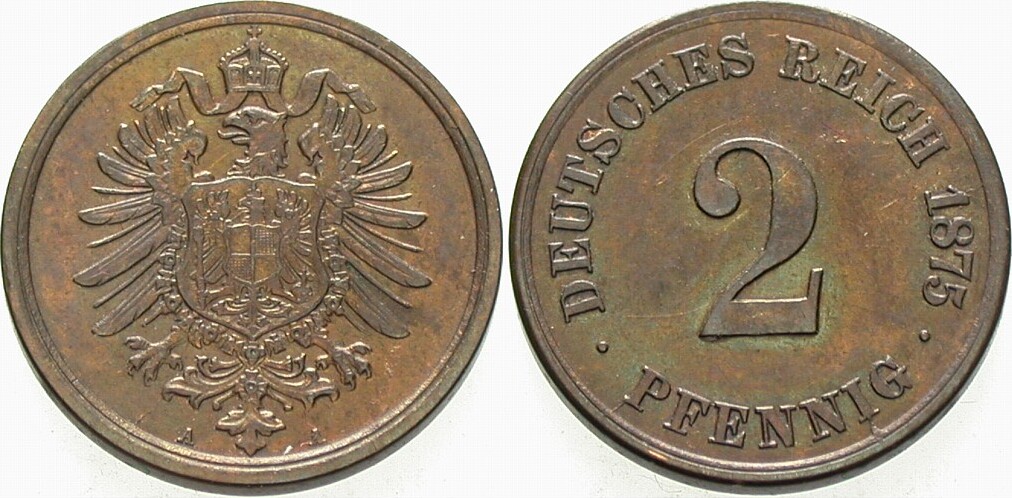 2 Pfennig 1875 J. 2 Patina, winz. Kratzer, vorzüglich