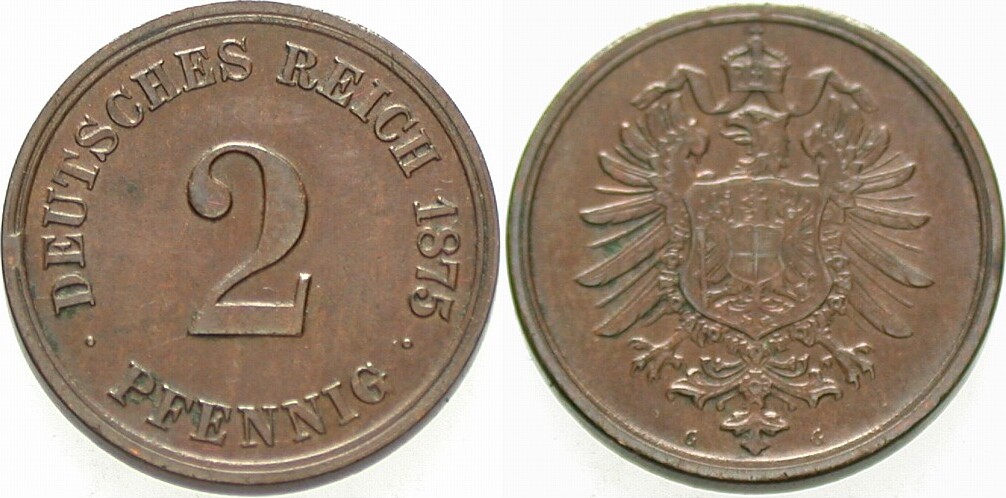 2 Pfennig 1875 J. 2 Winz. Randfehler, sehr schön - vorzüglich