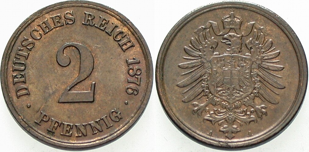 2 Pfennig 1876 J. 2 Patina, Schrötlingsfehler, vorzüglich